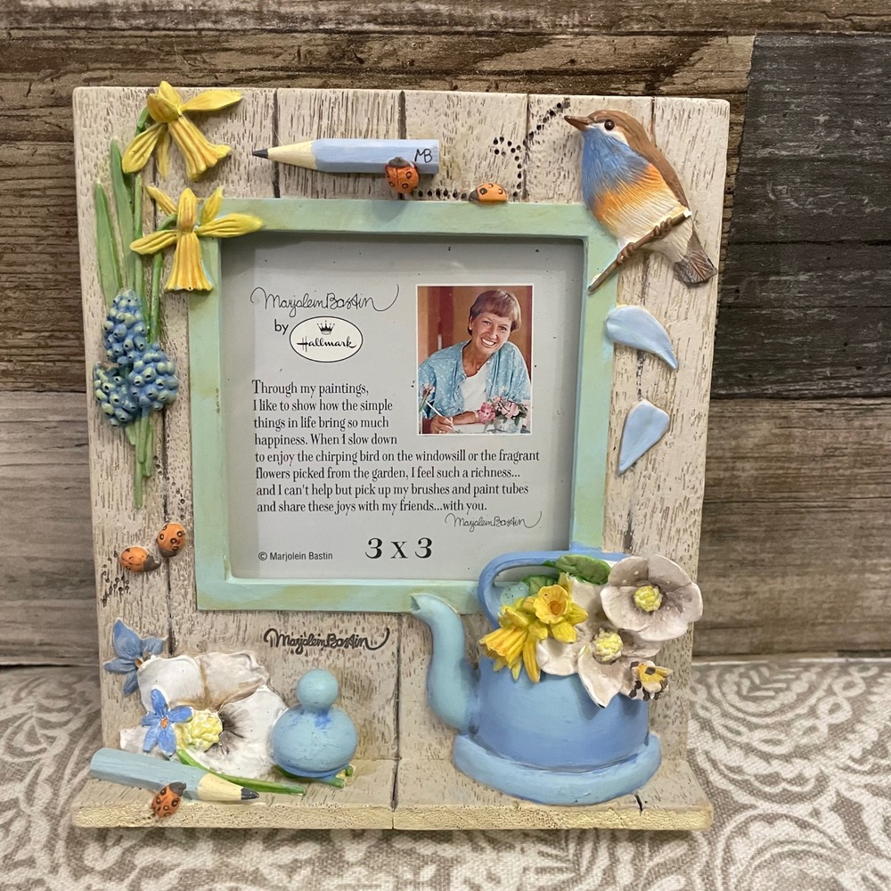 Marjolein Bastin Hallmark 3x3 Photo Frame Bird Watering Can Garden Art
